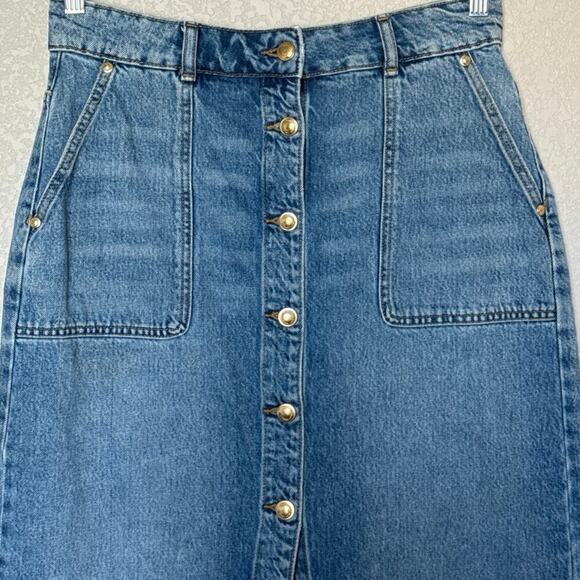 Michael Kors Womens Denim Gold Button Front Midi Skirt Size 8 - Picture 3 of 9